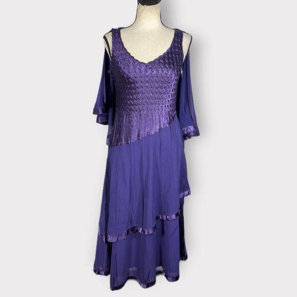Komarov Chiffon Capelet Charmeuse Midi Dress Women's Small Purple 3/4 Sleeve - Picture 7 of 11